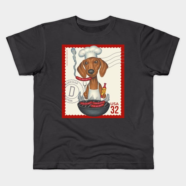 Funny Dachshund Doxie grilling hot dogs Kids T-Shirt by Danny Gordon Art